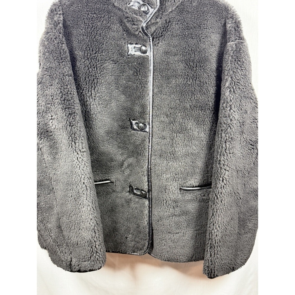 GAP Recycled Sherpa Vegan Leather Trim Jacket Womens L Black Cozy Coat - Picture 4 of 15